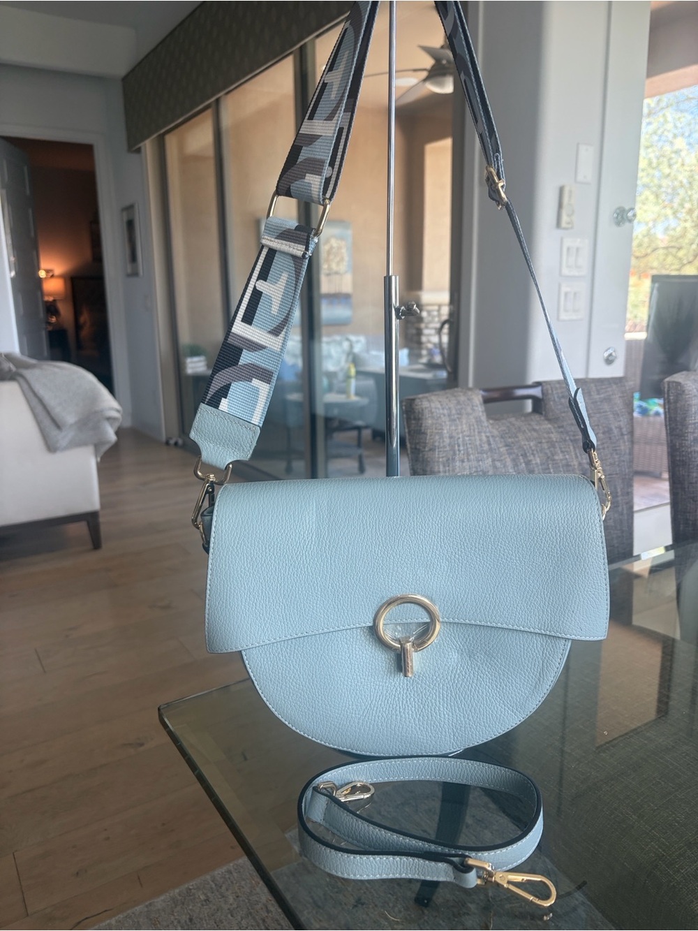 Light Blue Leather Crossbody Bag with shoulder strap. Direct from Italy
